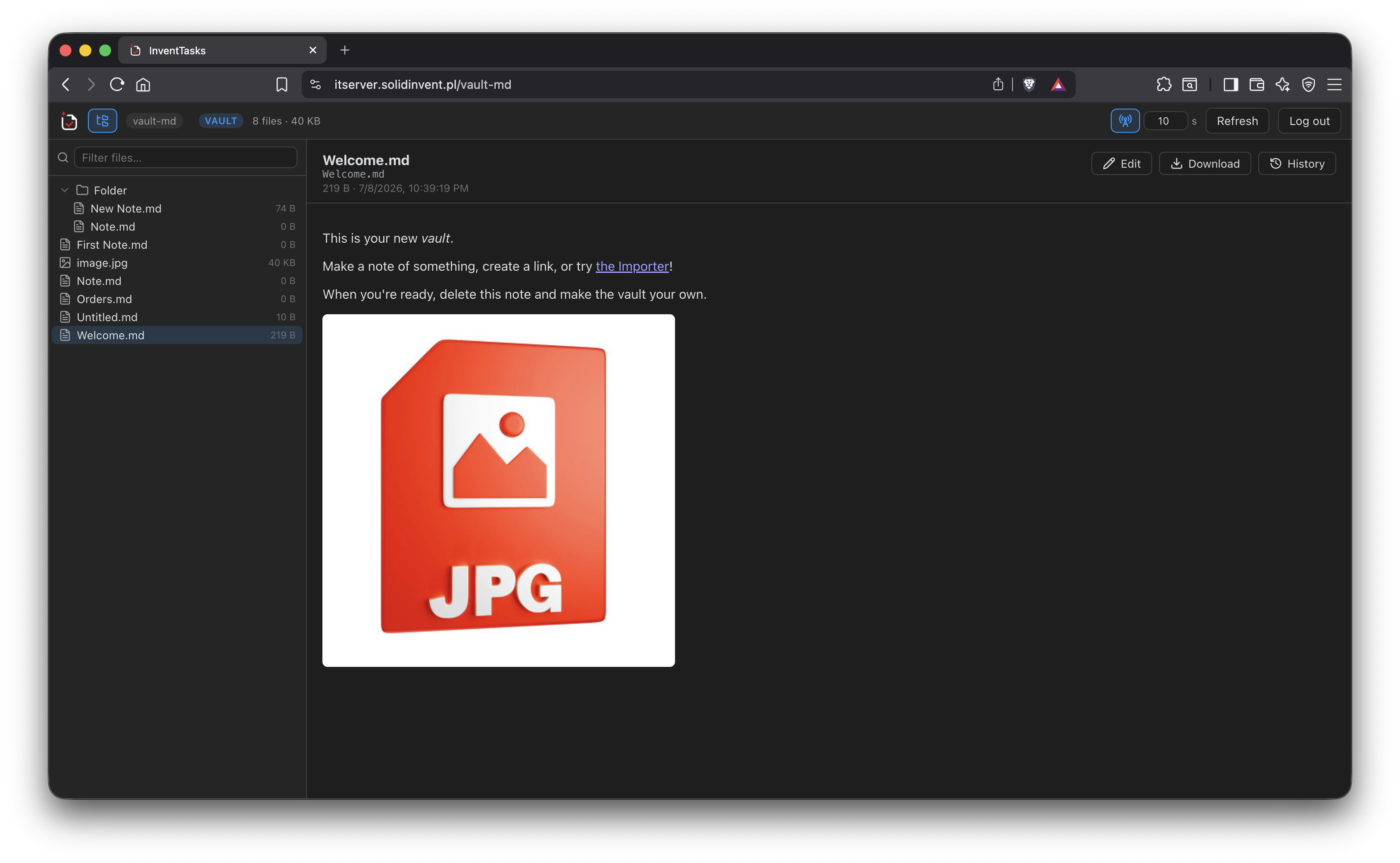 An Obsidian vault open in a web browser through the self-hosted web app, file tree on the left
